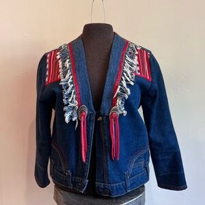 Handmade Denim Jacket with Red Fringe Accents